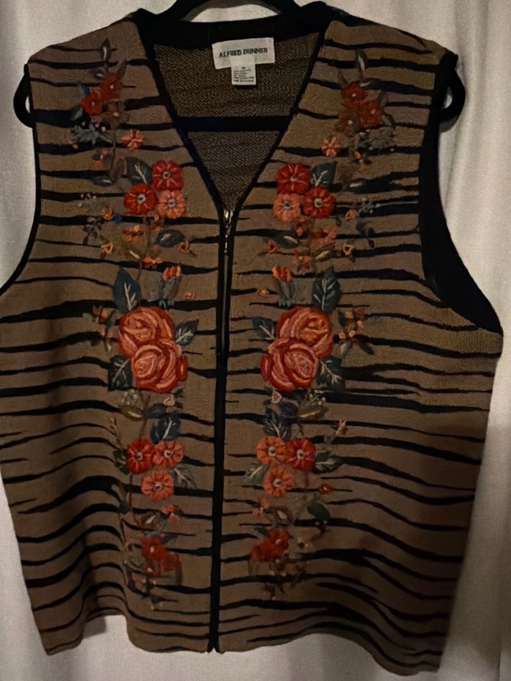 Alfred Dunner Tan & Black Striped Embroidered Floral Vest